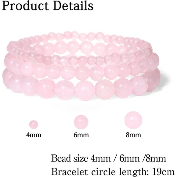 3 PCS 4,6,8mm rose quart Healing Natural Stone Beaded Stretch Bracelet for Women - Picture 5 of 6